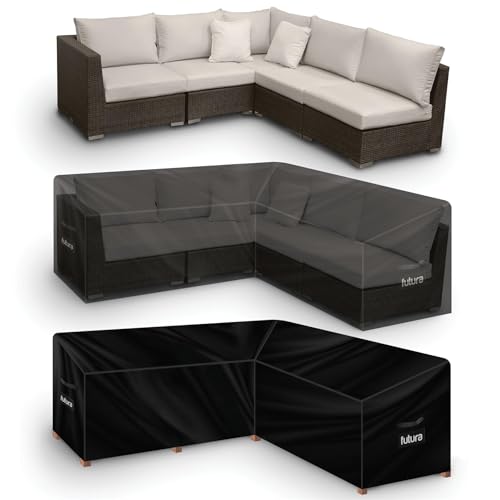 Futura Premium V Shaped Garden Furniture Covers Waterproof 215x215x80cm, Heavy Duty 600D Oxford Fabric Outdoor Rattan Corner Sofa Cover, PVC Lined, Air Vents and UV Safe