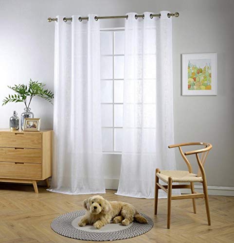 MIUCO Sheer Curtains 84 Inch Long White Living Room Curtains Semi Voile Sheer Panels Linen Textured Grommet Curtains Window Curtain Panels, 37 x 84 Inches Length Set of 2 Drapes