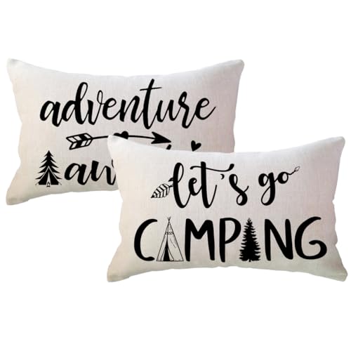 Adventure Camper Decorative Lumbar Pillowcase Double-sided Let???s Go Camping/Adventure Awaits Throw Pillow Covers Cabin/Camper Cushion Covers 12x20,2Pack for Sofa/Couch/Porch (Beige)