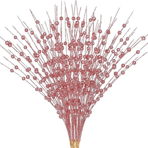 Artificial Glitter Berry Stem Decorations, Fake Bead Sticks Pick 17 Inch Stems for Halloween Christmas Ornaments Glittery Twigs Xmas Tree Wreath Vase Filler Home Decor - Champagne Pink 10 Pack