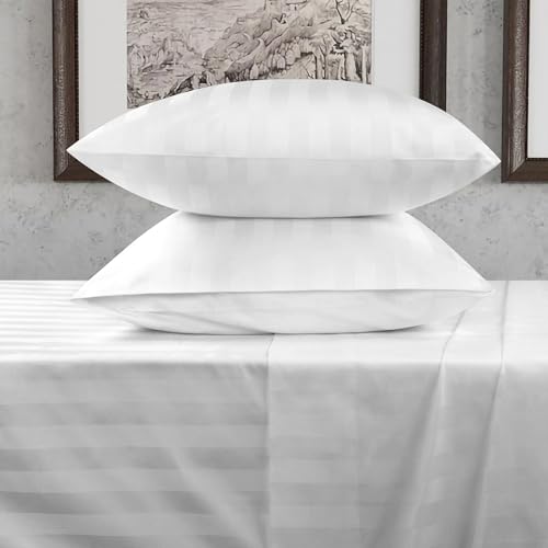 "URBANHUT 800 Thread Count Egyptian Cotton Twin Size Damask Striped Sheets Set (4 Pc) - Ultra Soft & Smooth, Thick & Crisp Sateen Weave Twin Bedsheets, Fits Upto 16"" Mattress - White"