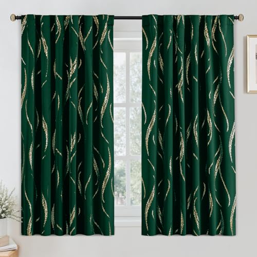 Yakamok Blackout Curtains 63 inch Length Living Room Thermal Insulated Gold Wave Line Dots Pattern Curtains Room Darkening Back Tab Curtains for Bedroom, Emerald Green, W52 x L63-inch, 2 Panels