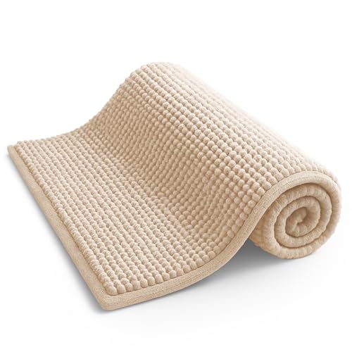 KEPLIN Non-Slip Microfibre Bath & Toilet Mat - Soft, Plush & Comfortable Rug with Machine Washable Design - Water Absorbent & Quick Drying to Keep Bathroom & Home Hygienic & Clean - (40x60cm) Beige