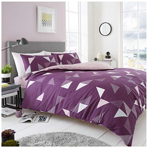 GC GAVENO CAVAILIA Gaveno Cavailia Contemporary Triangle Motif Duvet Cover Quilt Set With Pillow Case, Reversible, Poly Cotton, Marco Purple, King Size Bedding, Polycotton