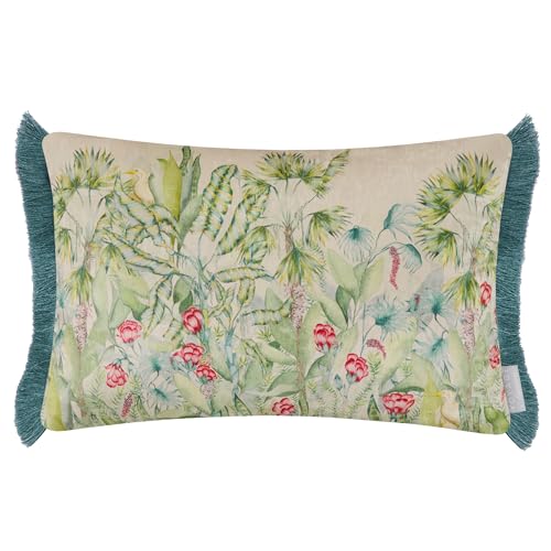 Voyage Maison Mangrove Feather Filled Cushion – Jungle Watercolour Printed Velvet Wildlife Botanical Fringed Trim Decor (Multicolour - 40x60cm)