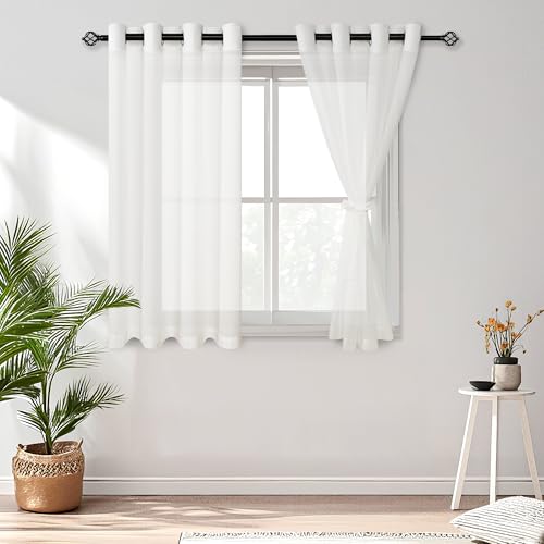 DWCN White Sheer Chiffon Curtains for Windows, Semi-Transparent Light Filtering Drapes Privacy Elegant Curtain for Living Room Bedroom (52x54 Inch, 2 Panel)