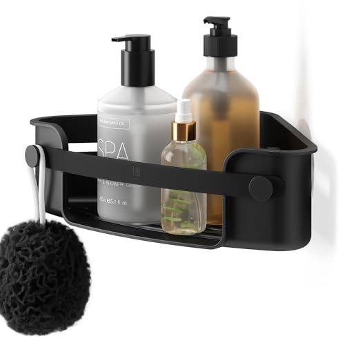 Umbra Flex Adhesive Shower Corner Shelf for Bathroom, Black - Strong adhesive backing, secure wall attachment, easy installation