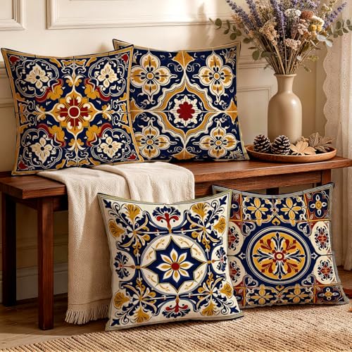 OBSEDE Blue Yellow Mediterranean Tile Throw Pillow Covers 18x18 in Set of 4 - Decorative Faux Linen Cases, Bohemian Floral Pattern, Couch Bed Cushion Covers, Farmhouse Home Decor, Outdoor Living Accent