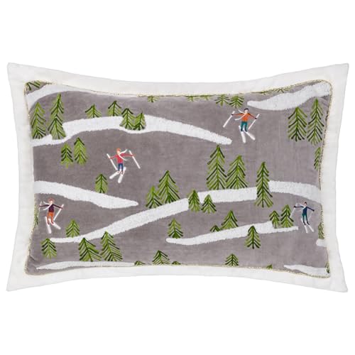 Paoletti Winter Alpine Polyester Filled Cushion – Luxury Festive Embroidered Appliqué Ski Scene Oxford Edge Decorative Pillow (Taupe – 35x50cm)