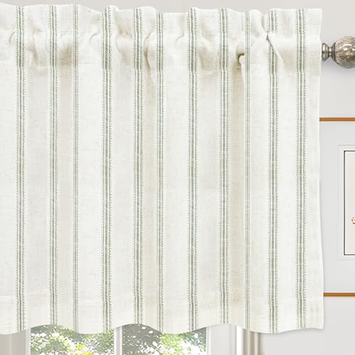 DriftAway Farmhouse Linen Lined Valance Double Layer Thermal Insulated Room Darkening Blackout Window Valances 3 Inch Rod Pocket Vertical Striped Kitchen Valance Single 52 Inch by 24 Inch Loden Green