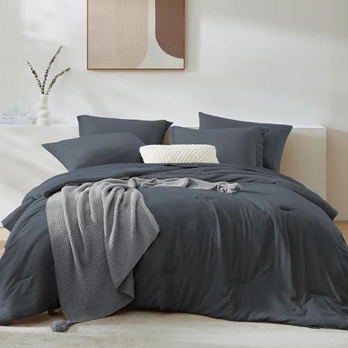 Queen Comforter Set-7 Pieces Soft Prewashed Bed in a Bag Queen Bedding Sets - All Season Comforter with Sheets, Pillow Shams & Pillowcases,Blue Grey