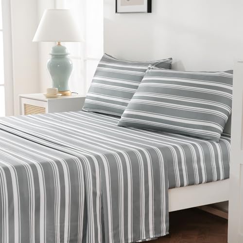 "MCO 4Pieces Striped Sheets Set, Breathable King Sheet Set with 16"" Deep Pocket,Modern & Luxury, Brushed Microfiber Bedding Set(King, Gray)"
