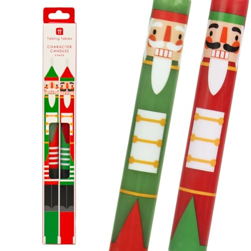 Talking Tables 2 x Novelty Dinner Candles Traditional Nutcracker Design for Festive Christmas Decorations Unscented Secret Santa Table Décor Gift Burn Time 8 Hours Size 30cm, Red