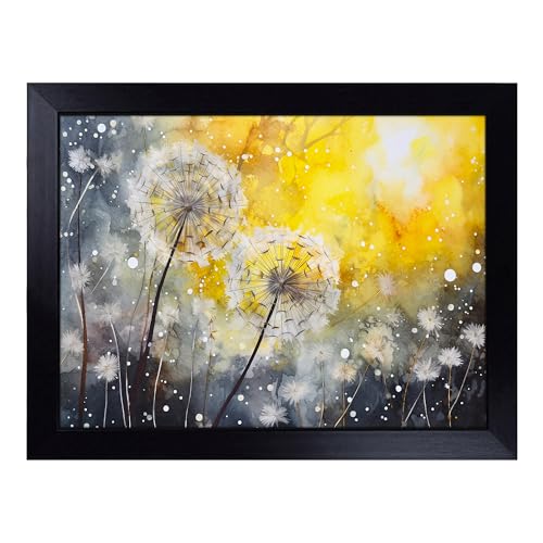 Lap Tray with Bean Bag Cushion, Dandelion Watercolour - Handmade in the UK, Raised Wooden Edge, Padded Cushion, Heat-Resistant Wipe-Clean Surface, for Meals, Laptops and Crafts