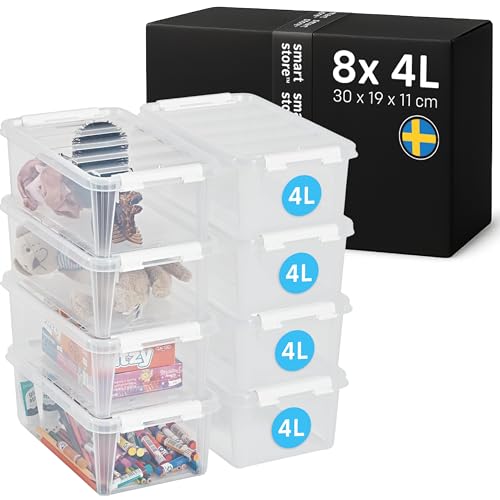 SmartStore Storage Boxes with Lids - 8x small 4L box - 30x19x11cm - Stackable plastic storage box with lid for toy, Lego & craft storage - clear food-safe plastic boxes - containers with lids