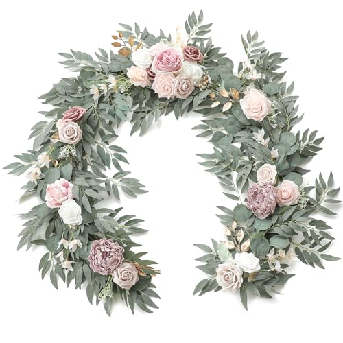 Floroom 6ft Artificial Eucalyptus Garland with Flowers Fake Greenery Faux Floral Vine Garland for Table Decor Wedding Centerpieces Bridal Shower Party Decorations, Garden Dusty Rose