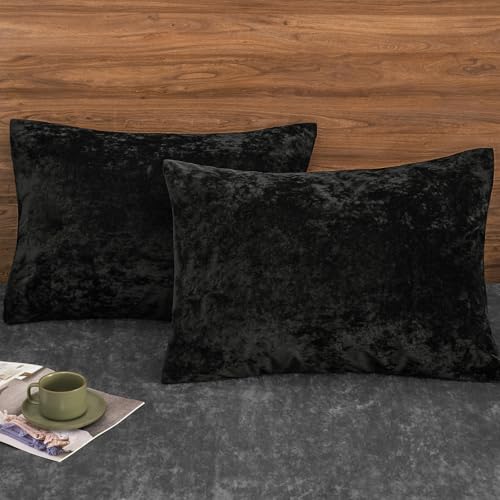 "PHF Truly Velvet Pillowcases Standard Size, No Insert, 2 Pack Ultra Soft Breathable Pillow Shams Covers with Envelope Closure, 20"" X 26"" Luxury Cozy Warm Fuzzy Flannel, Black"