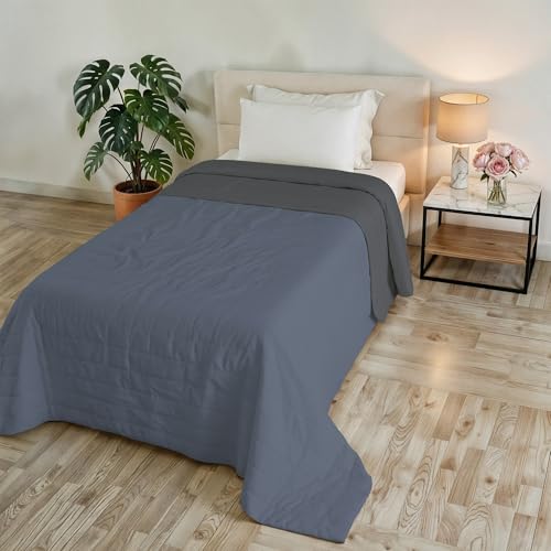 GOLIA Summer Quilt, Made in Italy, 100% Polyester – Double-Sided Bedspread with WaterWashed Effect – Lightweight Blanket with 65 g Filling – Single Bed 170 x 250 cm – Blue/Dark Grey