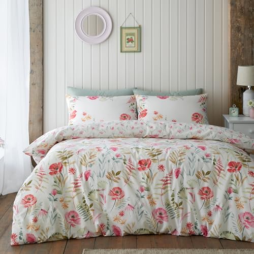 Catherine Lansfield Ella Poppy Reversible Single Duvet Cover Set with Pillowcase Cream