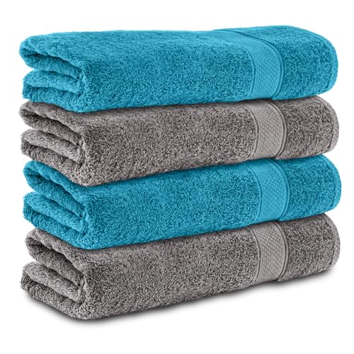 Komfortec Set of 4 Bath Towels 70 x 140 cm 100% Cotton 470 g/m² Terry Cloth Soft Anthracite Grey/Turquoise