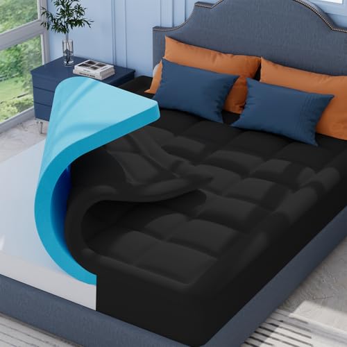 ELEMUSE Black Memory Foam Mattress Topper with Fluffy Pillow Top Cover, Mattress Topper Kingsize Bed for Back Pain Relief, with OEKO-TEX & CertiPUR-US (King-150x200cm)