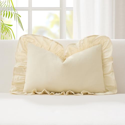 Kevin Textile 12x24 Inch Long Lumbar Pillow Cover 1 Pack 100% Cotton Lace Ruffles Scalloped Decorative Rectangle Cushion Case Soft Pillow for Bedding Couch Sofa, Cream White