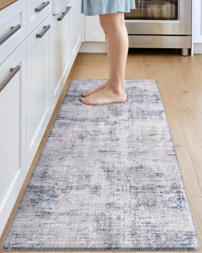 DEXI Kitchen Floor Mats Cushioned Anti Fatigue, 23x59 Long Wide Standing Comfort Runner Rug, Waterproof Retro Floral Memory Foam Padded for Front Sink Laundry, Blue