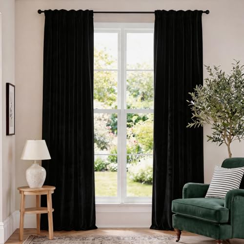 "Lazzzy Velvet Blackout Extra Long Curtains Thermal Insulated Room Window Drapes Super Soft Luxury Curtains for Living Room Bedroom Rod Pocket 2 Panels, Black, 52"" W x 120"" L"