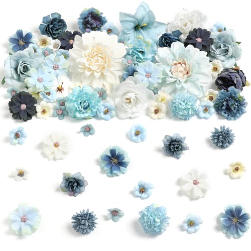 Fake Flower Heads Mini Artificial Flower Faux Dahlia Rose Daisy Flowers for Crafts Cake Blossom Wreath Garland Bouquets for Wedding Bridal Party Baby Shower Graduation Season Home Decor (Blue)