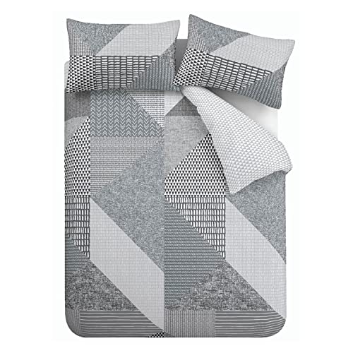 Catherine Lansfield Larsson Geo Reversible Double Duvet Cover Set with Pillowcases Grey