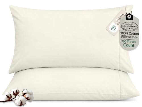 "ROYALE LINENS 300 Thread Count 100% Long Staple Combed Cotton Pillowcases Set of 2 - Ultra Soft - King Bed Pillow Cover - 20""x40"" - Breathable, Cool & Crisp Percale White Pillow Cases (King, Ivory)"