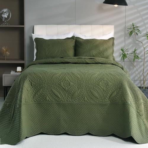 "Cmfshape Oversize King Bedspread 114""x102"",3 Pieces California King Size Quilt,Lightweight Olive Green Quilt Set for All Season,Modern Coin Pattern Bedding Set(1 Quilt,2 Pillowshams)"