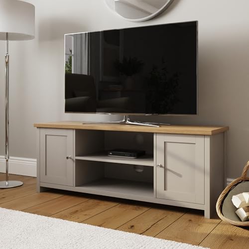 GFW Lancaster Large TV Unit with Double Cupboards, Open Shelving & Cable Management, Entertainment Stand for TVs up to 55 Inch, Grey & Oak Effect