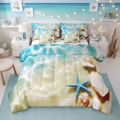 Erosebridal Ocean 7 Piece Bedding Set Full Beach Comforter Set with Sheets Coastal Nature Bed in A Bag Hawaiian Sea Wave Animals Shell Starfish Bed Sets with 2 Pillowcases, 2 Throw Pillow Covers