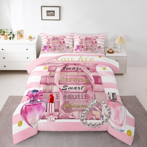 Erosebridal Pink Cute Bedding Full Size Girly Fashion Bow Comforter Set for Girls Teens Kids Women Modern Pink and White Stripe Quilt Positive Quotes Books Pearl Perfume Bed Sets,Fantasy Room Decor