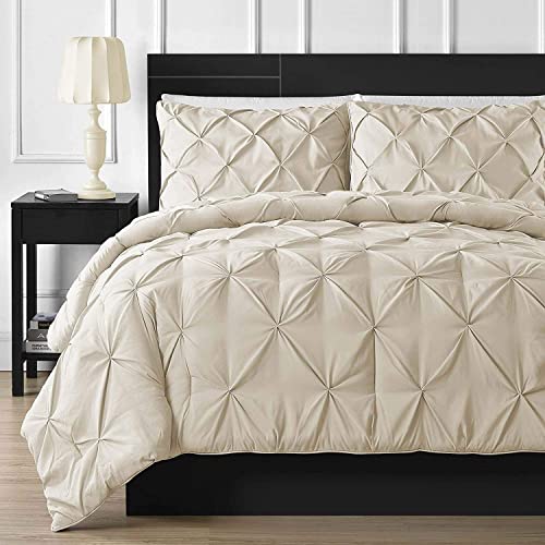 "Luxuriate Hotel 1000-TC Hypoallergenic Ultra Soft 100% Egyptian Cotton 90X90"" inch Full/Full XL/Queen Size Ivory Solid Pinch Plated Duvet Cover With Zipper Colser & 2pcs Pillow Case Set"