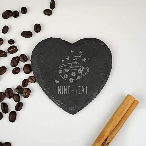 eBuyGB Engraved Heart Slate Coaster -Nine-Tea Design - 90th Birthday Gifts for Women, Her - Ninetieth Birthday Gift for Mum, Grandma - Drinks Mat