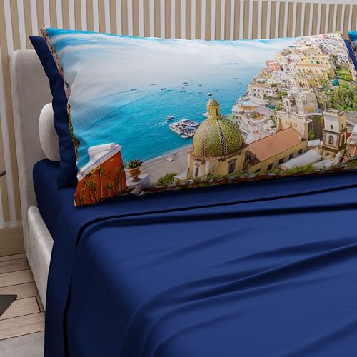 PETTI Artigiani Italiani - Cotton Sheets with Pillowcases in Digital Print, Single Sheet, Complete Bed Set Positano Blue Electric Design, 100% Made in Italy
