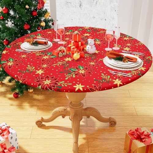 "homing Round Fabric Fitted Tablecloth, Elastic Waterproof Oil Proof Table Cloth, Washable Polyester Table Cover Fits 45""-56"" Round Tables for Outdoor Picnic Dinner, Flowers"