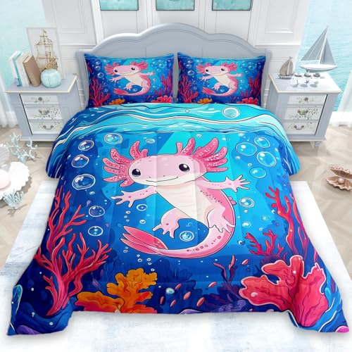 jejeloiu Cute Axolotl Comforter Twin Size Kids Cartoon Salamander Bedding Set for Boys Girls Teens Kawaii Ocean Sealife Duvet Quilt Breathable Soft Lightweight Microfiber Room Decor