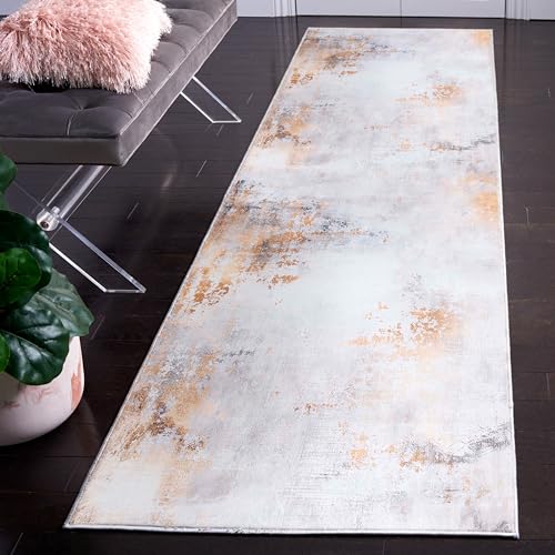 Safavieh Abstract Rug Ideal for High Traffic Areas - Machine Washable and Non Slip - Tacoma Collection, Short Pile, in Grey and Gold, 76 X 244 cm