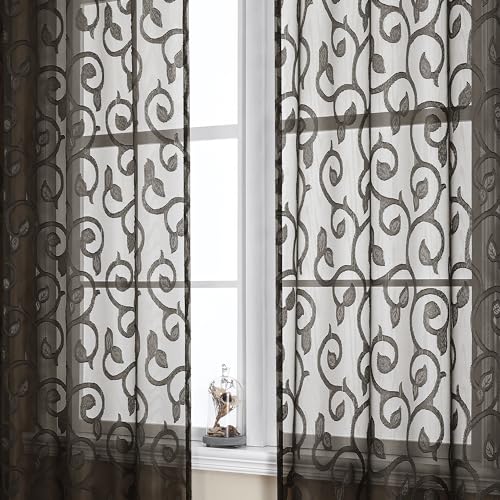 "OWENIE Furman Chocolate Sheer Curtains 72 inches Long for Bedroom Living Room 2 Panels Set, Light Filtering Sheer Door Curtains with Elegant Clip Jacquard Rod Pocket Curtains, 2 Pcs = 80"" Width"