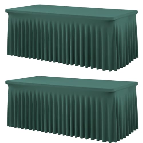2 Pack Hunter Green Spandex Tablecloths for 6 Foot Rectangle Tables, Wrinkle Free Fitted Table Cover 6ft Green Stretchy Table Clothes with Skirt for Parties Weddings Birthday Banquet Baby Shower