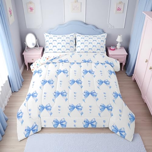 Erosebridal Girls Blue Bow Queen Bedding Set - Cute Coquette Bowknot Comforter Set for Kids Women, Princess Blue Ribbon Bow Tie Quilt, Kawaii Preppy Bows Bedroom Decor, 2 Pillowcases