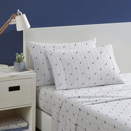 Nautica- Full Sheet Set, Cotton Percale Bedding Set, Crisp & Cool, Lightweight & Breathable (Audley Stripe Red, Full)