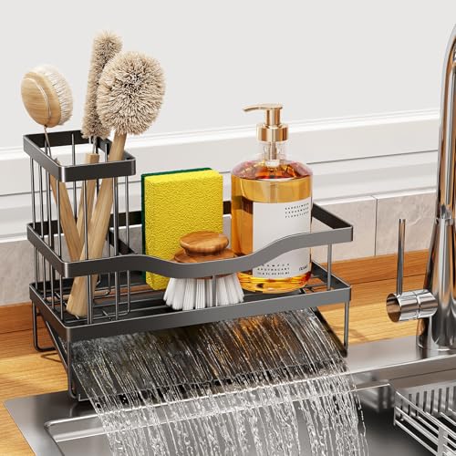 Mecyfaty Stainless Steel Sink Organizer, Kitchen Sink Caddy with Self Drain Tray, Sponge Holder for Dish Soap, Brushes & Sink Stoppers, Countertop Organizer