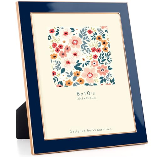 8x10(20x25cm) Navy Blue Enamel Picture Frame, HD Real Glass, Gold Edge - Aluminum Alloy Frame with Tempered Glass & Slide-in Back, for Wall & Tabletop Display, Family Office Gallery