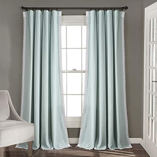 "Lush Decor Rosalie Farmhouse Window Curtains Rustic Style Panel Set for Living, Dining Room Bedroom (Pair), 54"" W x 84"" L, Blue"