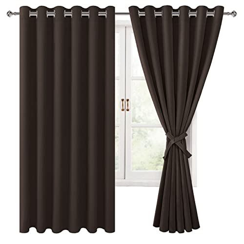 Hiasan Grommet Blackout Curtains for Bedroom, 70 x 63 Inches - Thermal Insulated & Light Blocking Window Drapes for Living Room/Dorm Room, Set of 2 Panels Sewn with Tiebacks, Brown