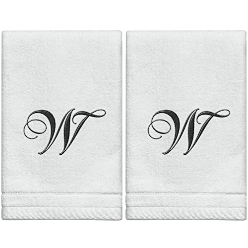 Monogrammed Towels Fingertip, Personalized Gift, 11 x 18 Inches - Set of 2- Black Embroidered Towel - Extra Absorbent 100% Cotton- Soft Velour Finish - For Bathroom/Kitchen/Spa- Initial W (White)